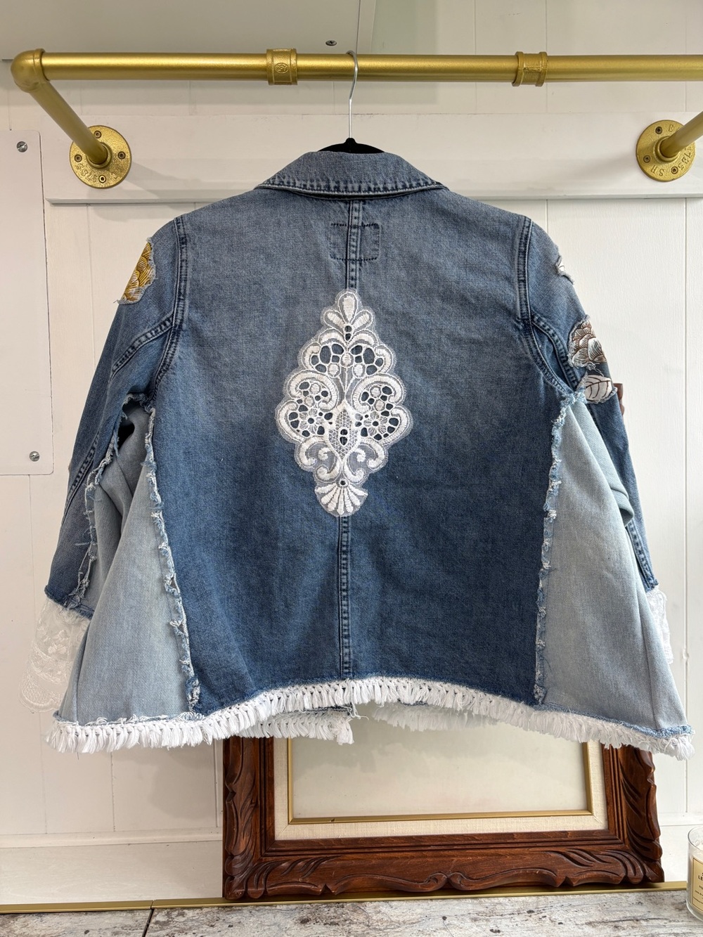 Upcycled Oversized Boho Lace Floral Appliqué Denim Jacket Shabby Chic M L XL - Picture 3 of 12
